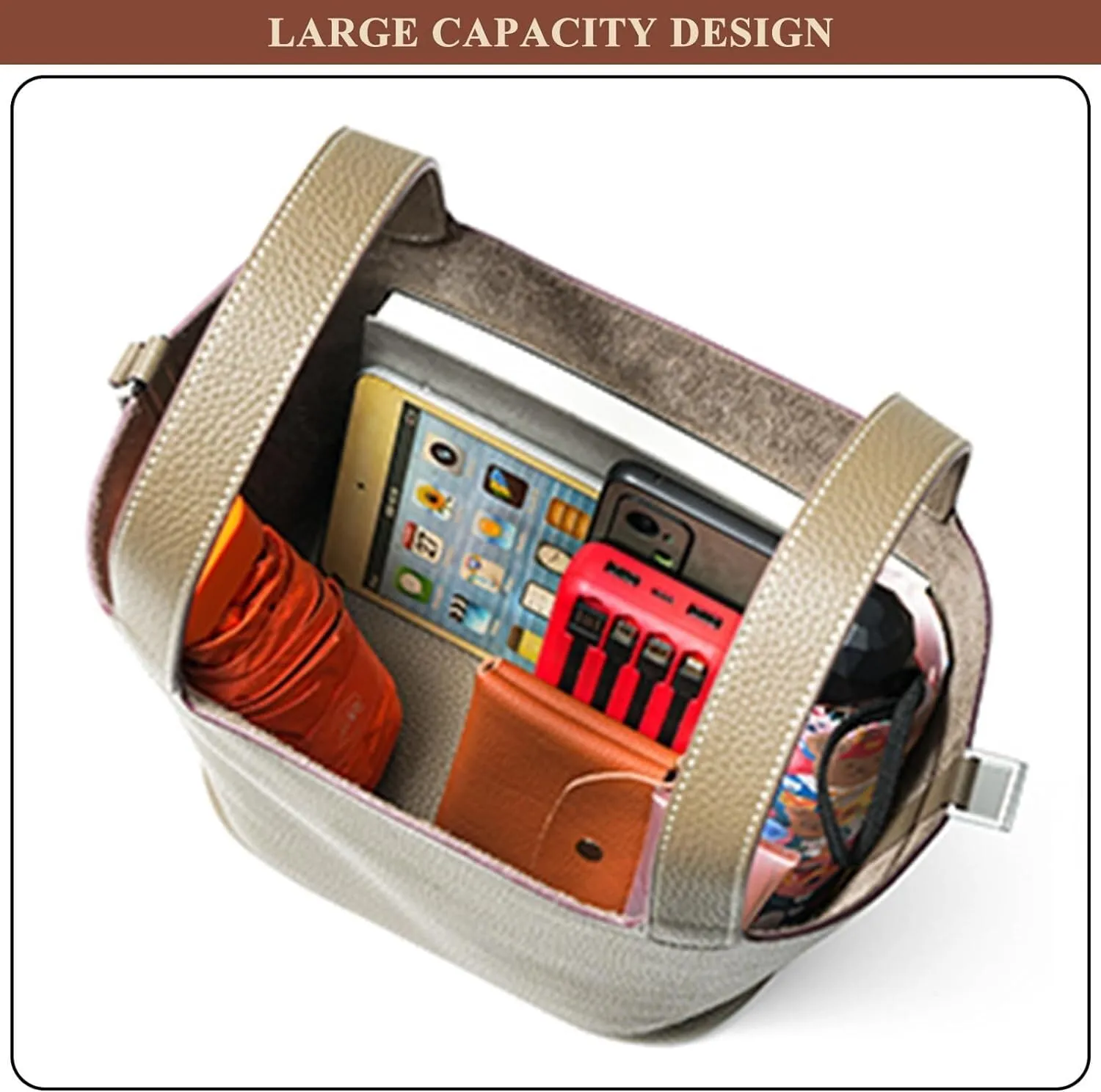 Genuine Leather Soft Bucket Bag for Women Fashion Lock Design Handbags Vegetable Basket Satchel with Top Handle Bags(White/Brown (Silver Lock),Small)