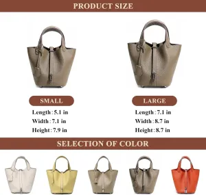 Genuine Leather Soft Bucket Bag for Women Fashion Lock Design Handbags Vegetable Basket Satchel with Top Handle Bags(White/Brown (Silver Lock),Small)