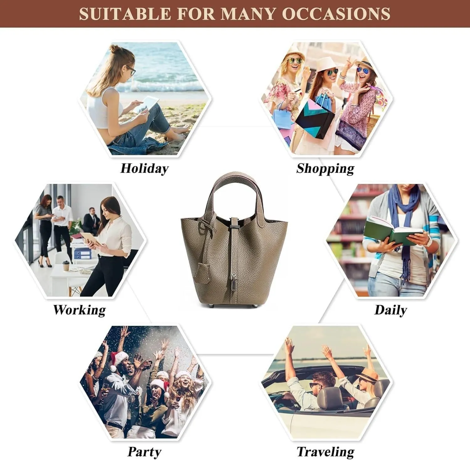 Genuine Leather Soft Bucket Bag for Women Fashion Lock Design Handbags Vegetable Basket Satchel with Top Handle Bags(White/Brown (Silver Lock),Small)