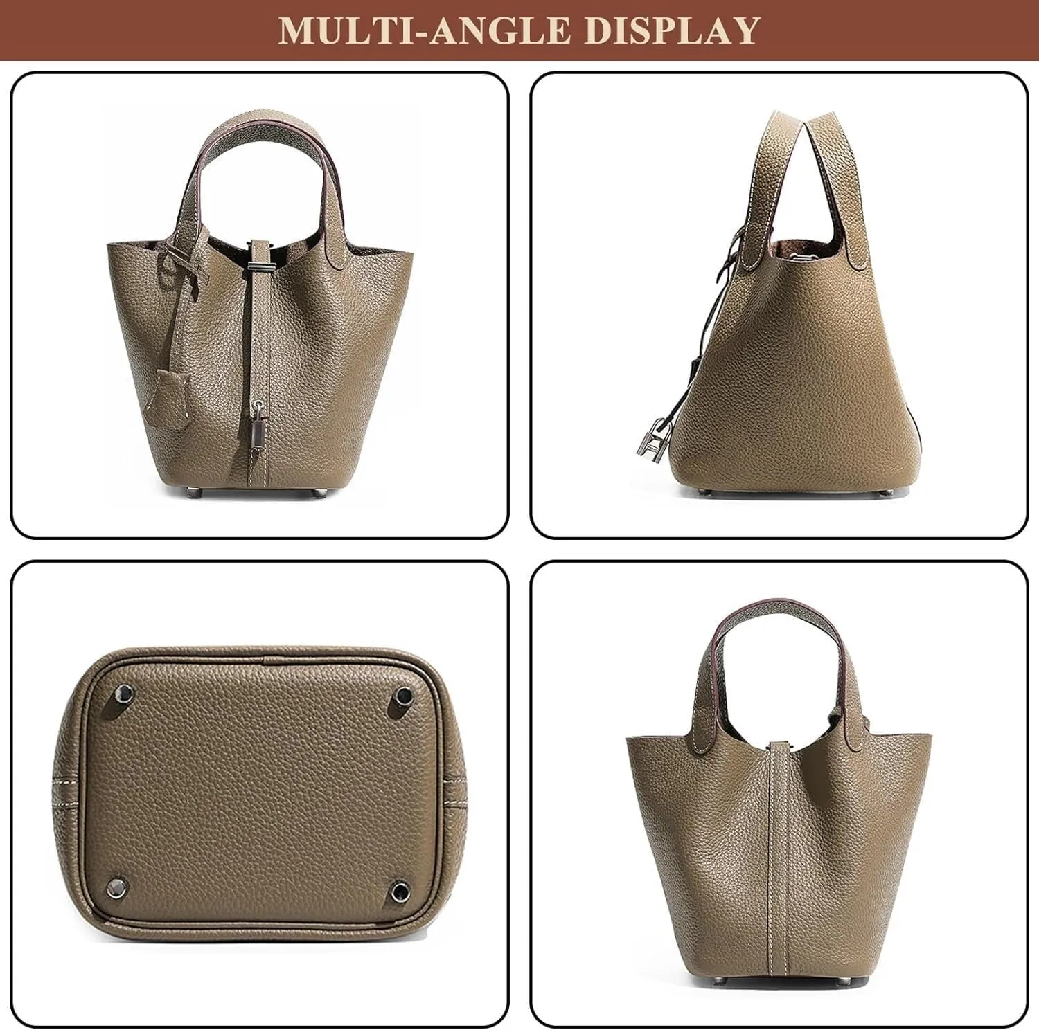 Genuine Leather Soft Bucket Bag for Women Fashion Lock Design Handbags Vegetable Basket Satchel with Top Handle Bags(White/Brown (Silver Lock),Small)