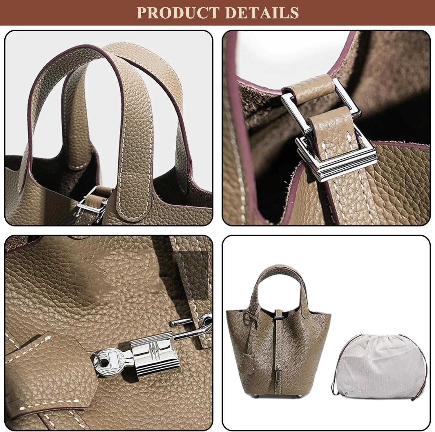 Genuine Leather Soft Bucket Bag for Women Fashion Lock Design Handbags Vegetable Basket Satchel with Top Handle Bags(White/Brown (Silver Lock),Small)
