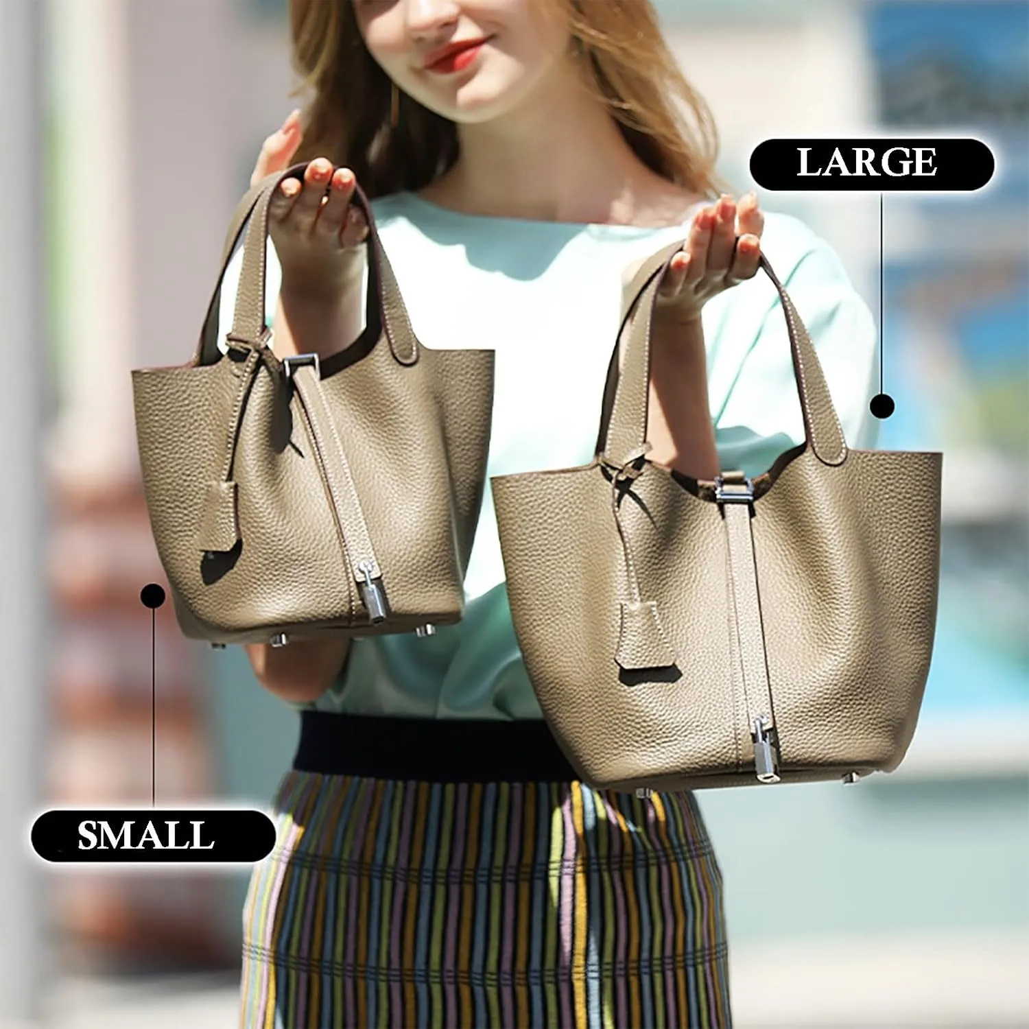 Genuine Leather Soft Bucket Bag for Women Fashion Lock Design Handbags Vegetable Basket Satchel with Top Handle Bags(White/Brown (Silver Lock),Small)