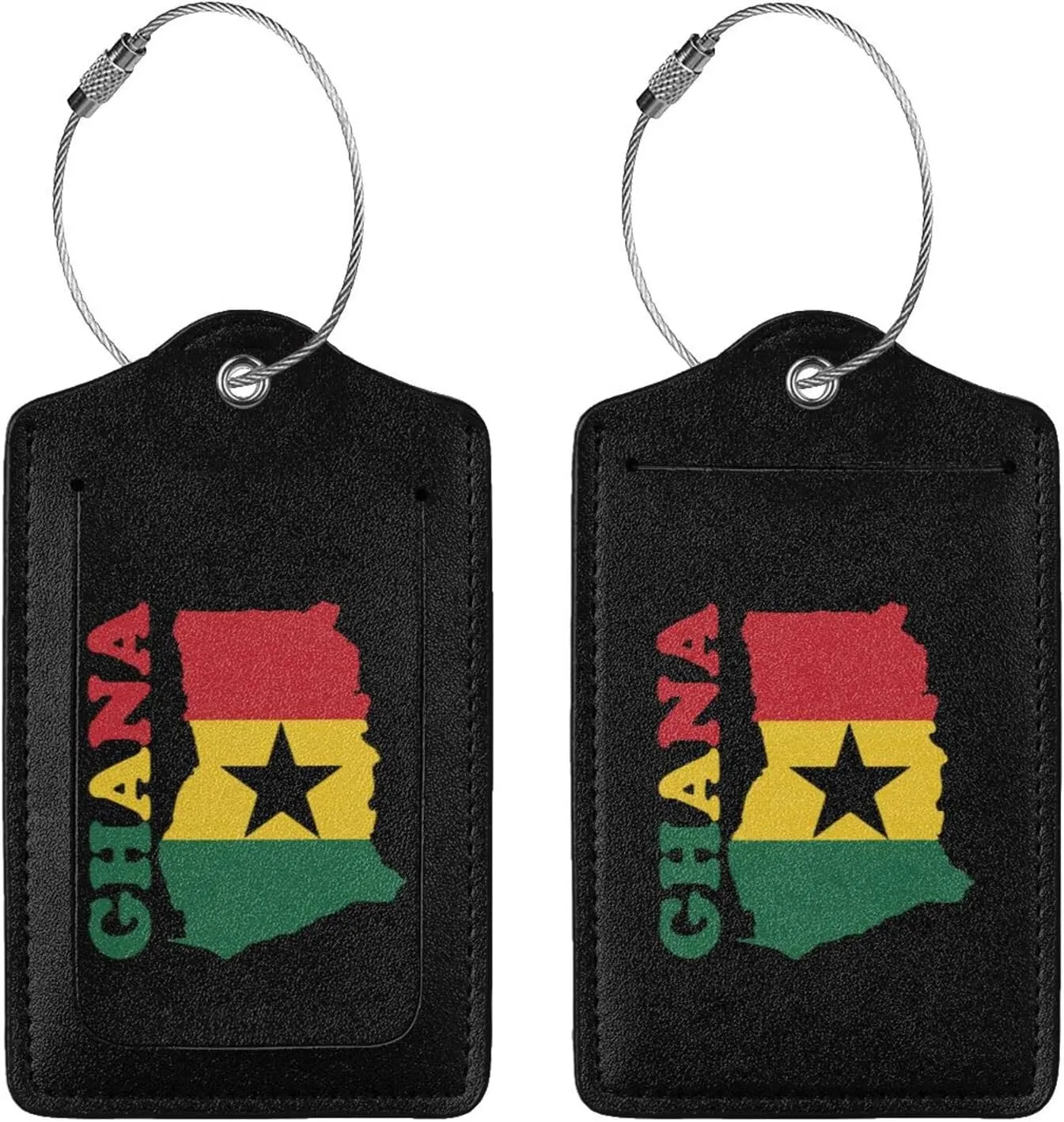 Ghana Flag Map Leather Baggage Bag Luggage Tags with Stainless Steel Loop and Privacy Cover, 2 PCS, Black