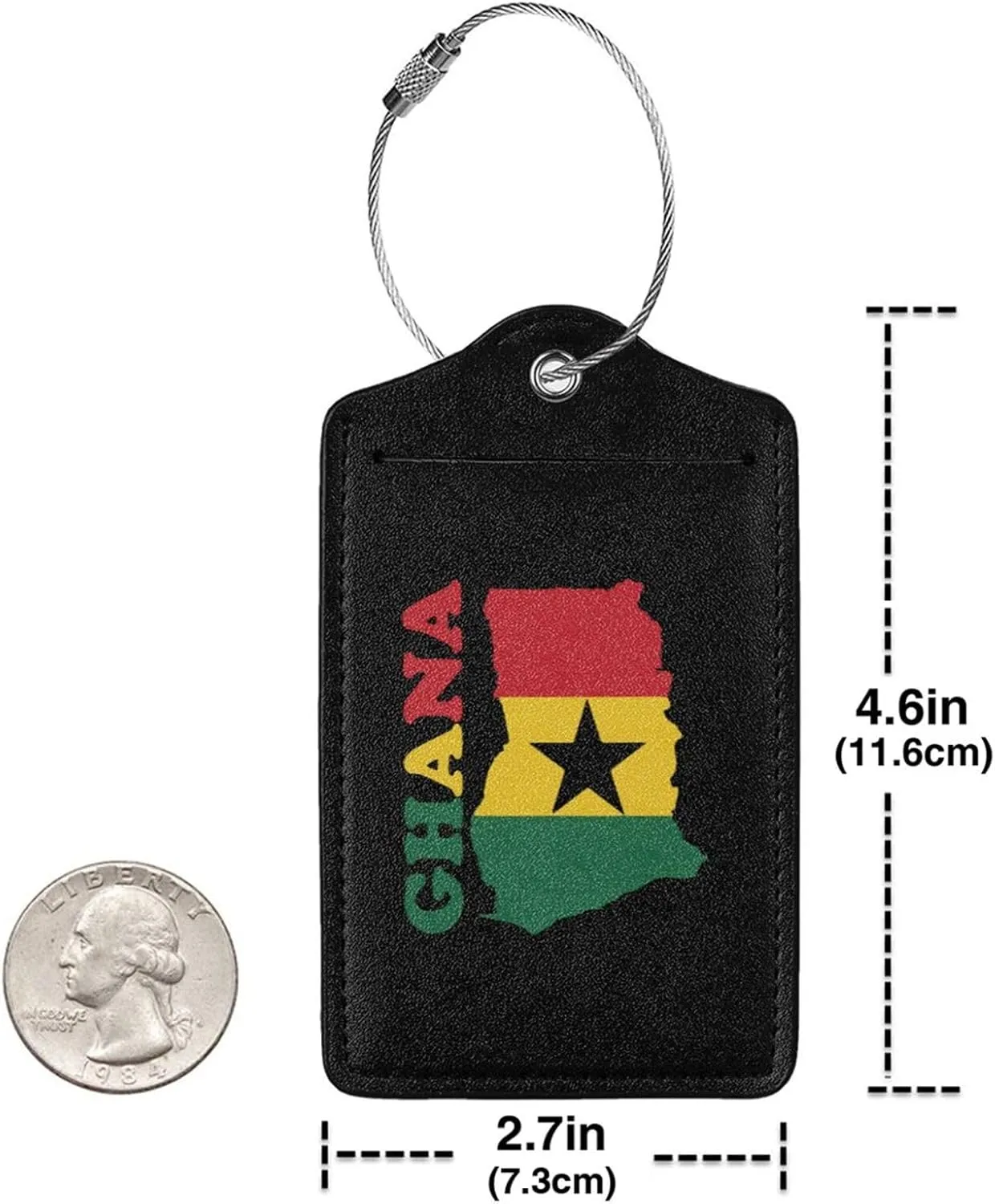 Ghana Flag Map Leather Baggage Bag Luggage Tags with Stainless Steel Loop and Privacy Cover, 2 PCS, Black