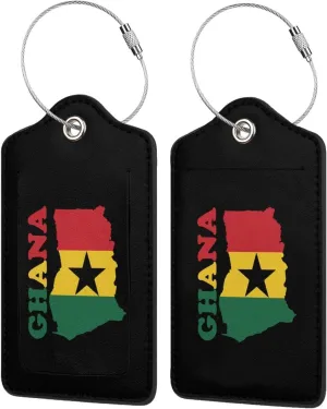 Ghana Flag Map Leather Baggage Bag Luggage Tags with Stainless Steel Loop and Privacy Cover, 2 PCS, Black