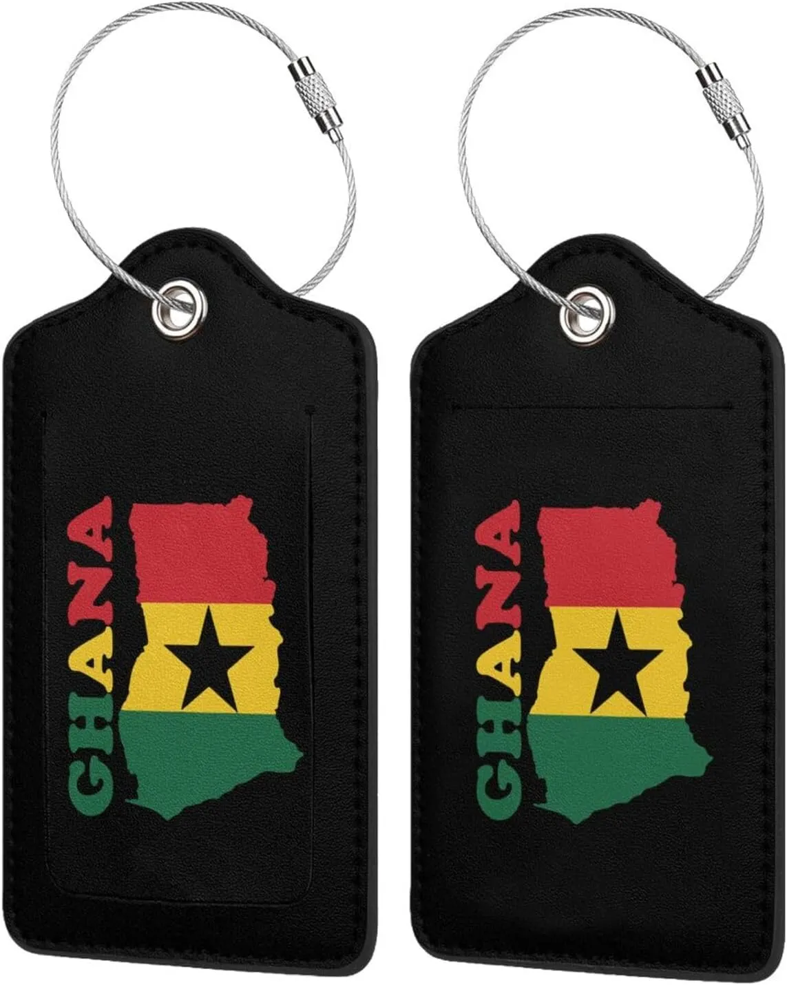 Ghana Flag Map Leather Baggage Bag Luggage Tags with Stainless Steel Loop and Privacy Cover, 2 PCS, Black