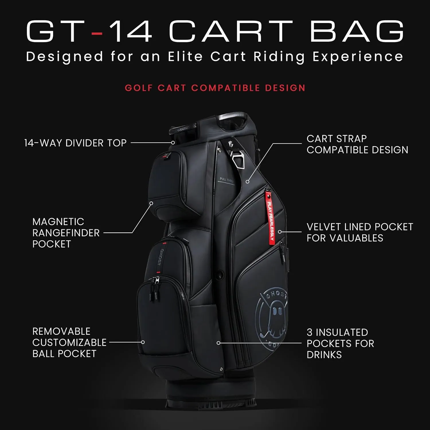 Ghost Golf Cart Bags, GT-14 - Golf Bags for Men & Women, 14-Way Dividers with Premium Materials & Magnetic Pockets - Golf Bag Capacity with 11 External Pockets