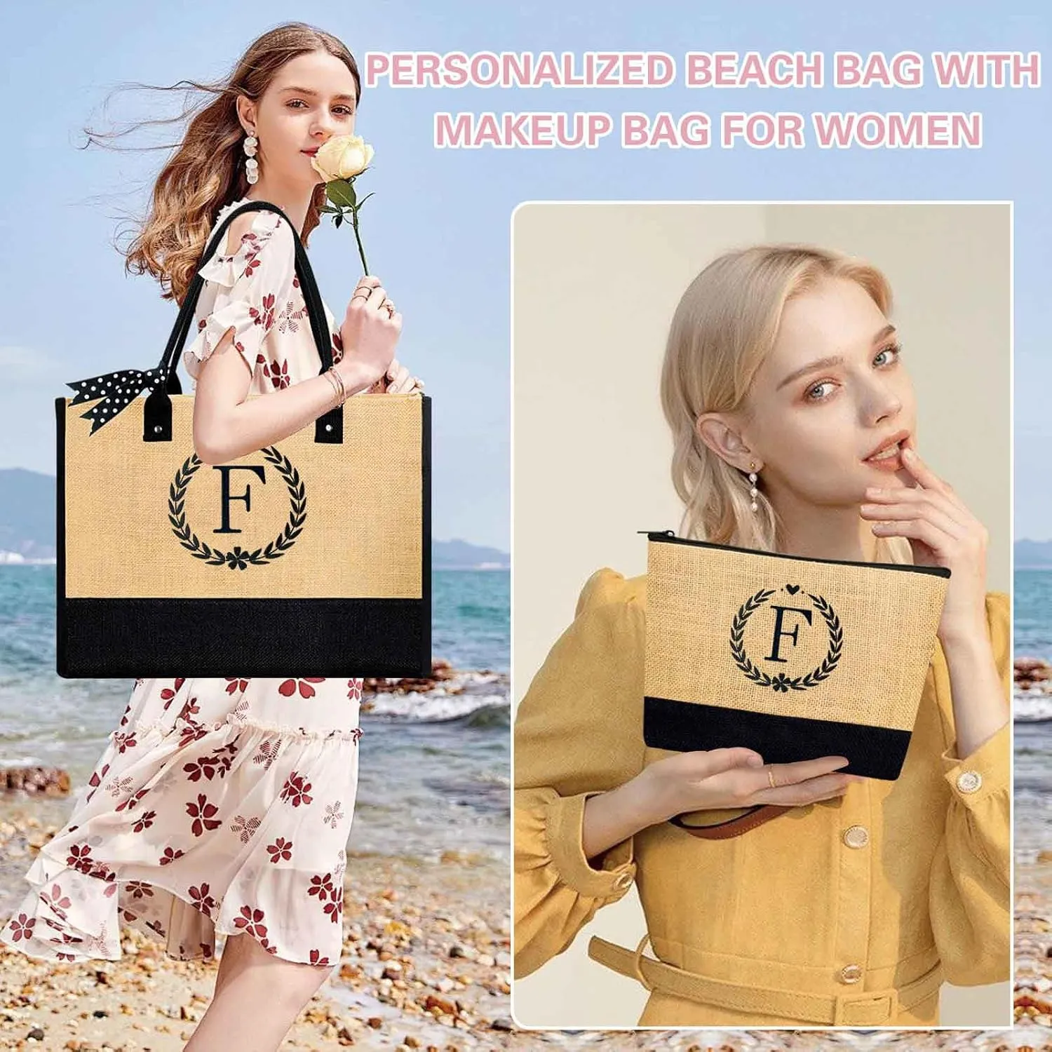 GhvyenntteS Retirement Gift for Women 2025, Birthday Gifts for Women - Beach Bag, Initial Beach Tote Bag with Zipper