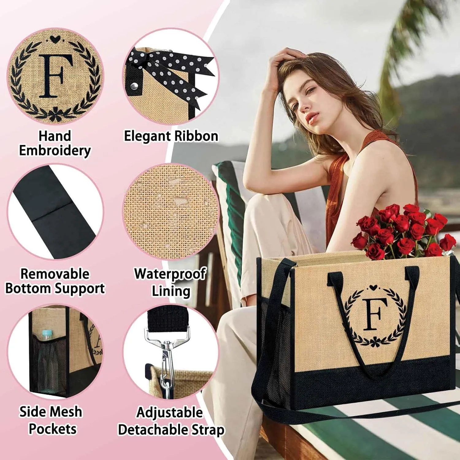 GhvyenntteS Retirement Gift for Women 2025, Birthday Gifts for Women - Beach Bag, Initial Beach Tote Bag with Zipper