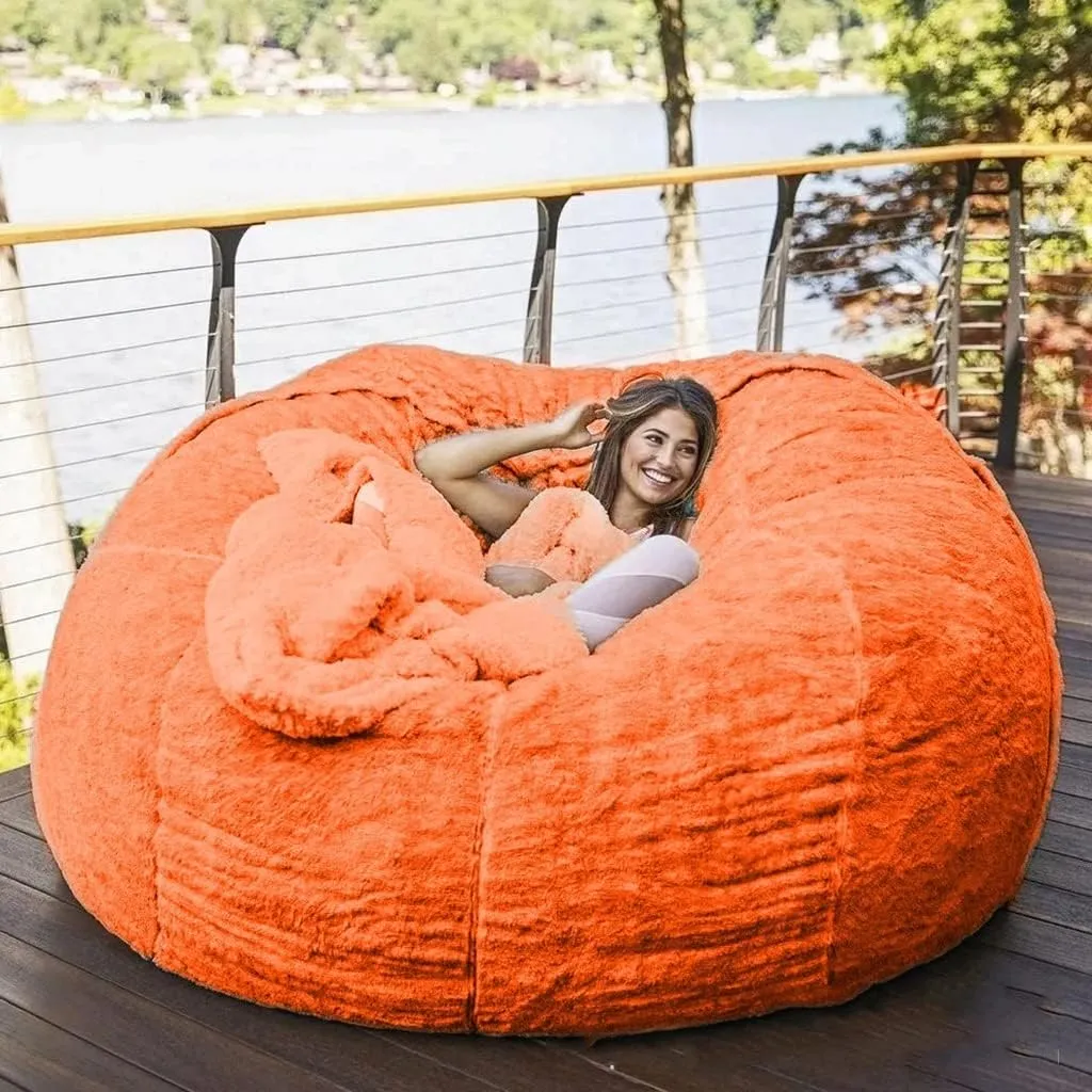 Giant Bean Bag Chair, 7ft Giant Fur Bean Bag Cover Lounger Bean Bag Storage Chair Bean Bag Sofa Chair Soft Fluffy Fur Portable Living Room Lazy Sofa Bed Cover No Filler