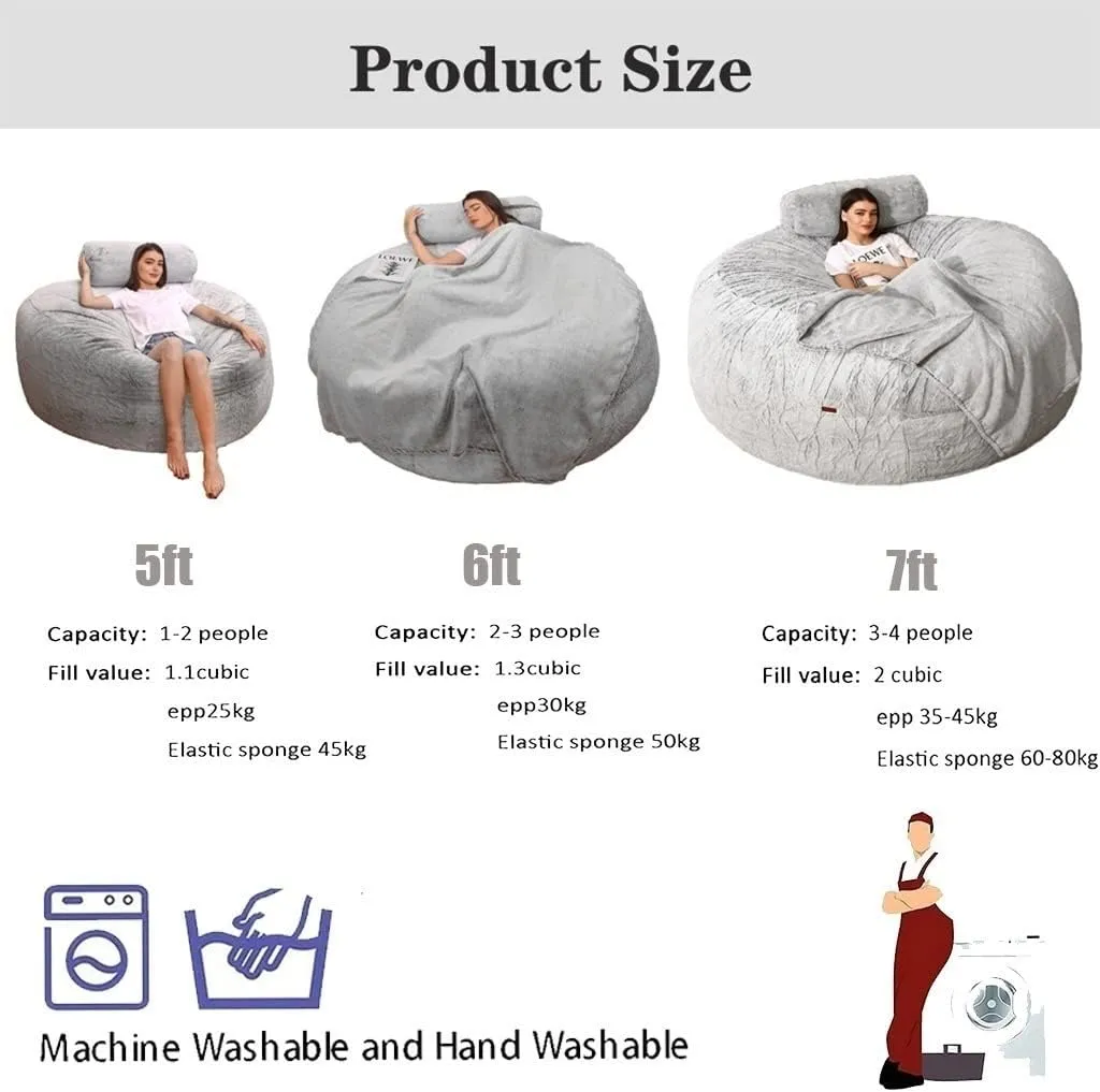 Giant Bean Bag Chair, 7ft Giant Fur Bean Bag Cover Lounger Bean Bag Storage Chair Bean Bag Sofa Chair Soft Fluffy Fur Portable Living Room Lazy Sofa Bed Cover No Filler