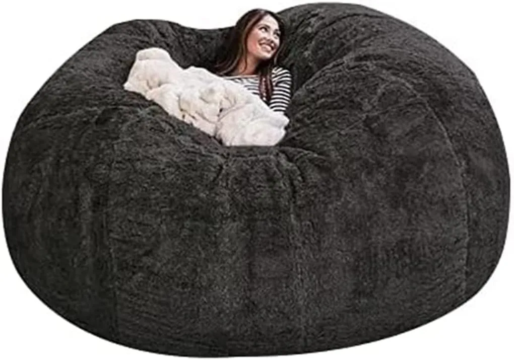 Giant Bean Bag Chair, 7ft Giant Fur Bean Bag Cover Lounger Bean Bag Storage Chair Bean Bag Sofa Chair Soft Fluffy Fur Portable Living Room Lazy Sofa Bed Cover No Filler