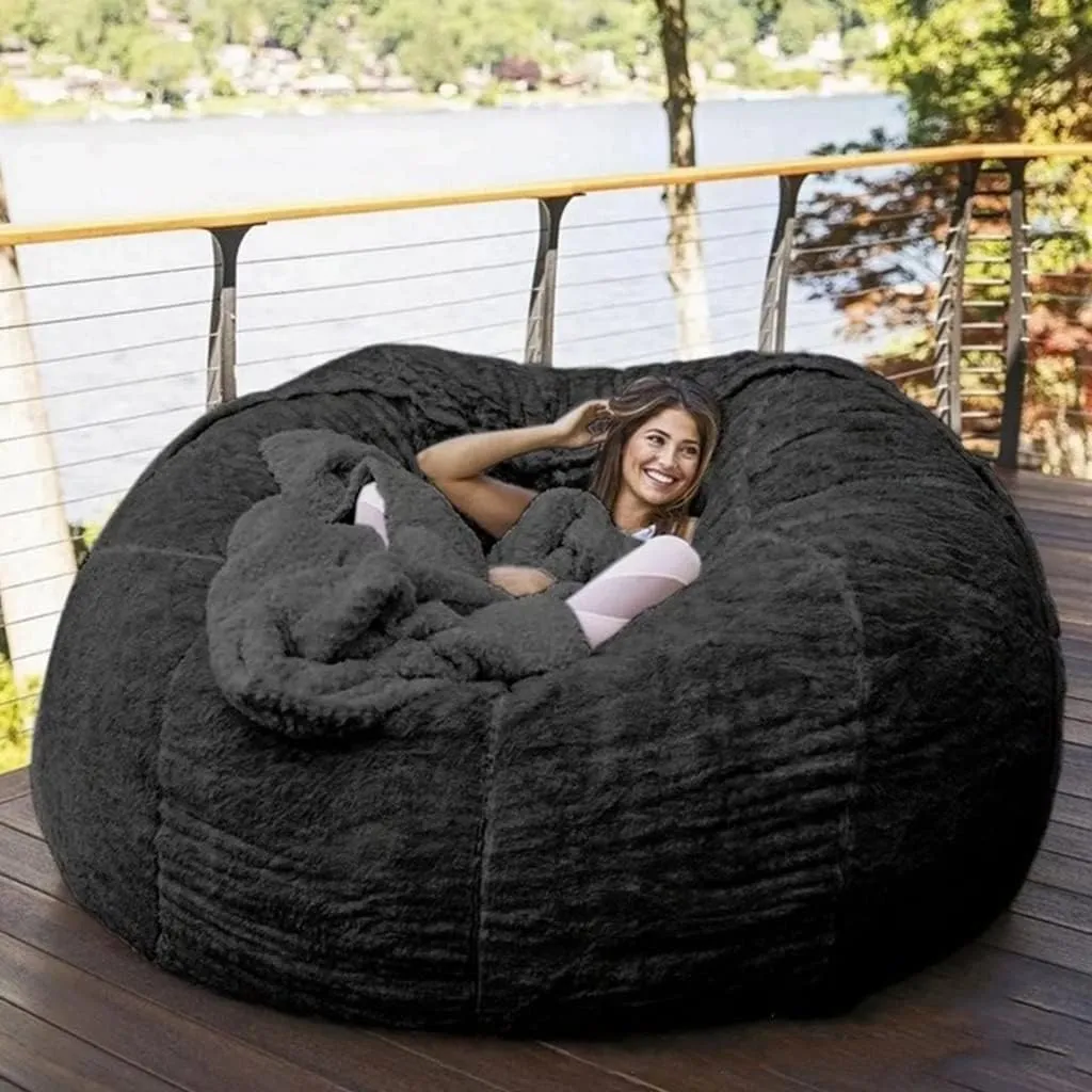 Giant Bean Bag Chair, 7ft Giant Fur Bean Bag Cover Lounger Bean Bag Storage Chair Bean Bag Sofa Chair Soft Fluffy Fur Portable Living Room Lazy Sofa Bed Cover No Filler