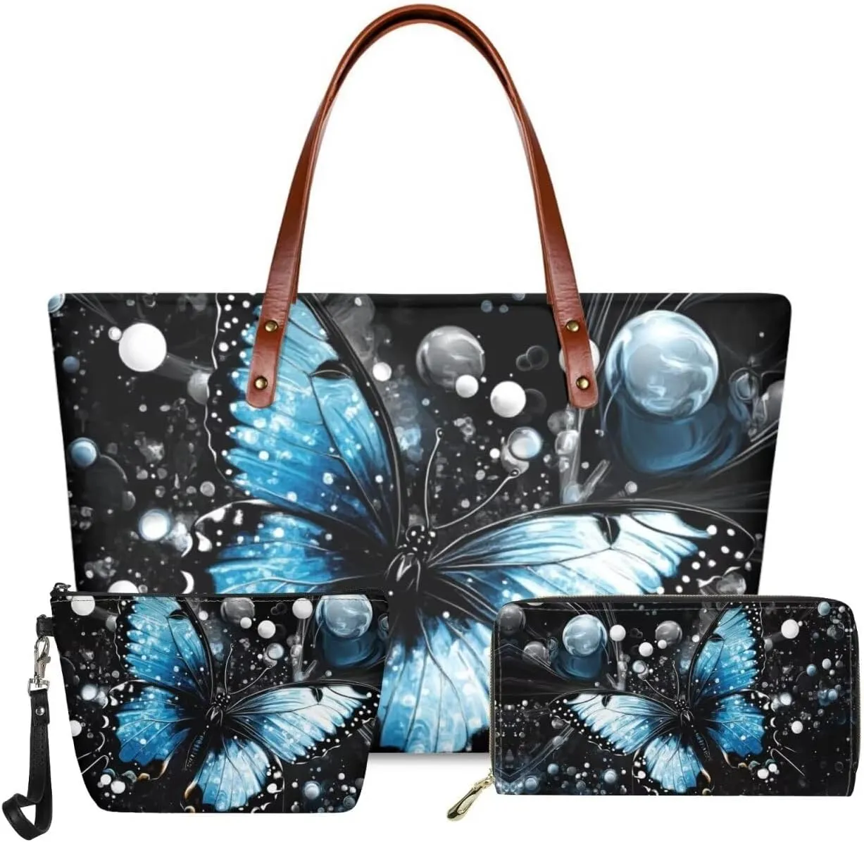 GIFTPUZZ Women Top Handle Bags Handbags with Zipper Leather Wallet Cash Card Phone Holder and Makeup Bag Set 3pcs