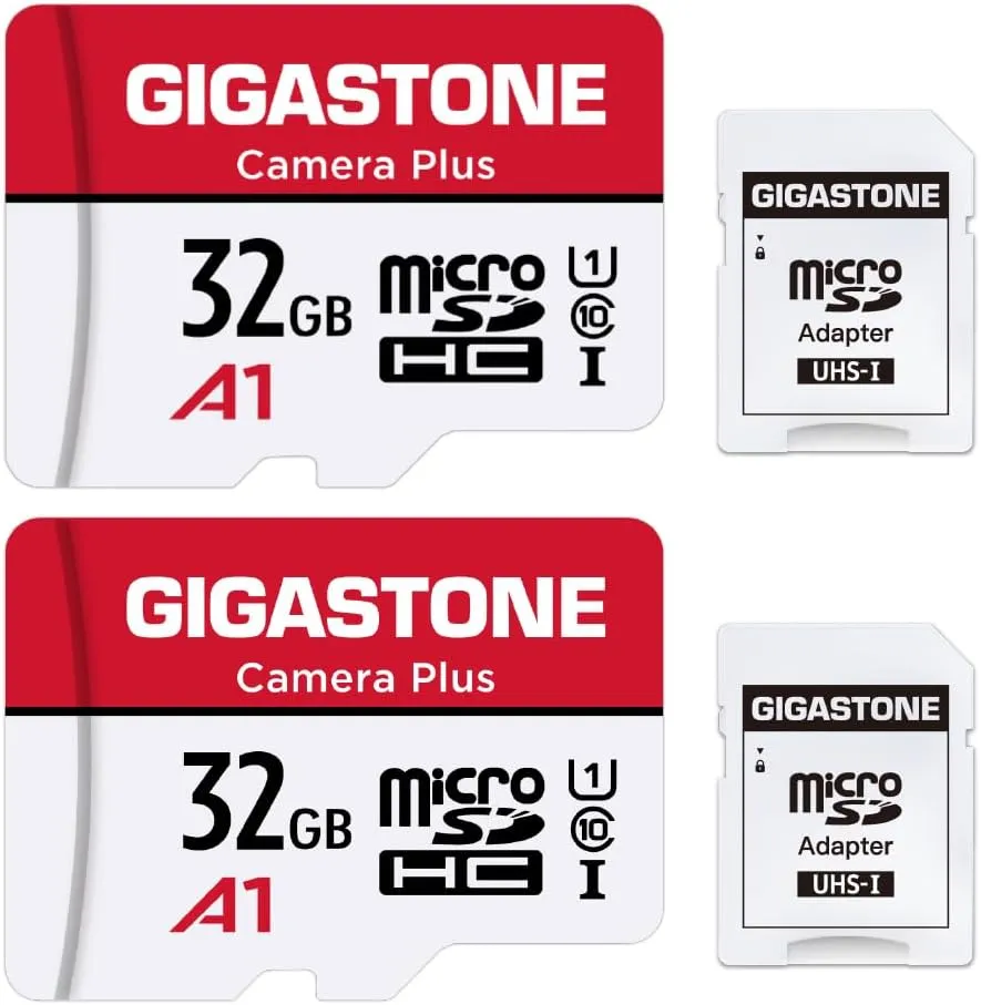 GIGASTONE Micro SD Card 32GB 2-Pack, Camera Plus, MicroSDHC Memory Card for Wyze Cam, Security, Roku, Full HD Video Recording, UHS-I U1 A1 Class 10, up to 90MB/s, with Adapter