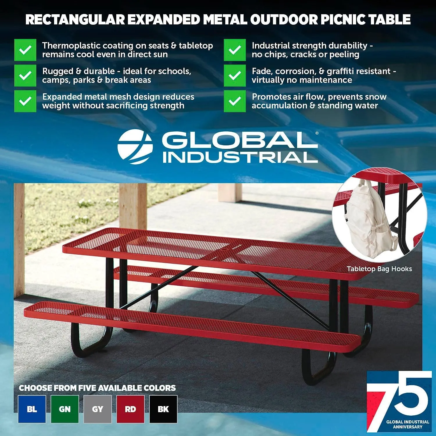 Global Industrial 6’L Rectangular Picnic Table, Expanded Metal, Black Thermoplastic Coating, Attached Benches, 1-1/2” Umbrella Pole Hole, Outdoor-Rated, 1000 lb Capacity, 72” x 30” Tabletop