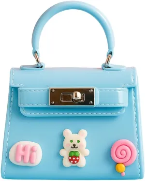 Glossy Light Blue Mini Kids Purse with Bear & Lollipop Charms – Cute Trapezoid Handbag with Chain Strap