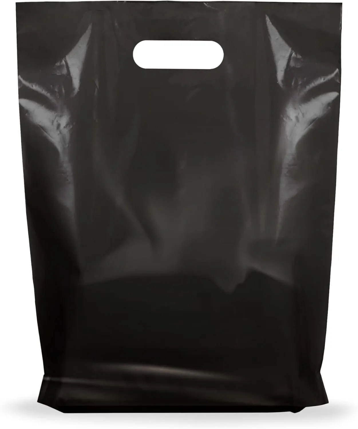 Glossy Plastic Shopping Bags by Popular Plastic Bags - 100 Black Color Bulk Merchandise Bags 12x15x1.25 in - Die Cut Plastic Bags with Handles - Shopping Bags for Small Business and Stores