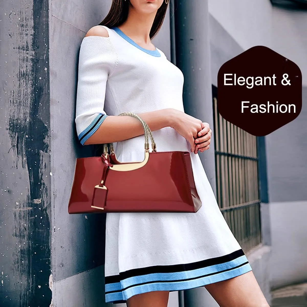 Glossy Women Handbag Faux Patent Leather Top-Handle Bag Structured Shoulder Bag Tote Evening Purse Party Satchel