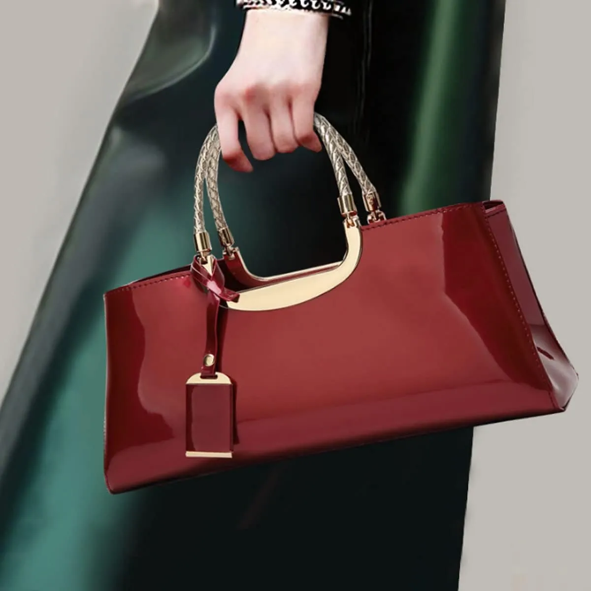 Glossy Women Handbag Faux Patent Leather Top-Handle Bag Structured Shoulder Bag Tote Evening Purse Party Satchel