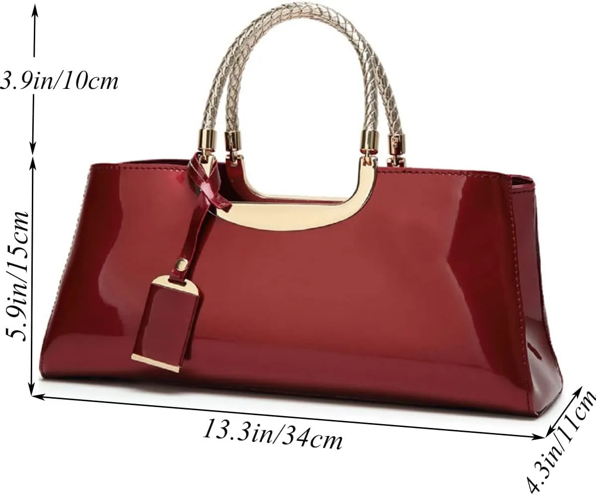 Glossy Women Handbag Faux Patent Leather Top-Handle Bag Structured Shoulder Bag Tote Evening Purse Party Satchel