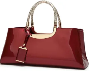 Glossy Women Handbag Faux Patent Leather Top-Handle Bag Structured Shoulder Bag Tote Evening Purse Party Satchel