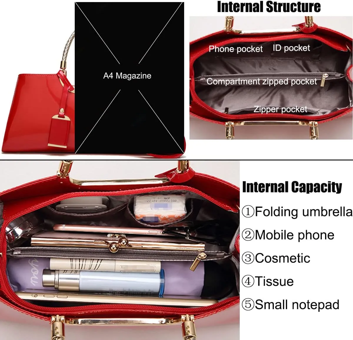 Glossy Women Handbag Faux Patent Leather Top-Handle Bag Structured Shoulder Bag Tote Evening Purse Party Satchel
