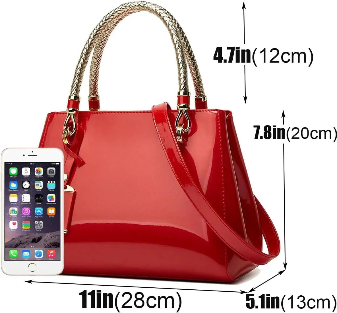 Glossy Women Handbag Shiny Patent Leather Top-Handle Bag Medium Shoulder Bag Tote Evening Purse Party Satchel