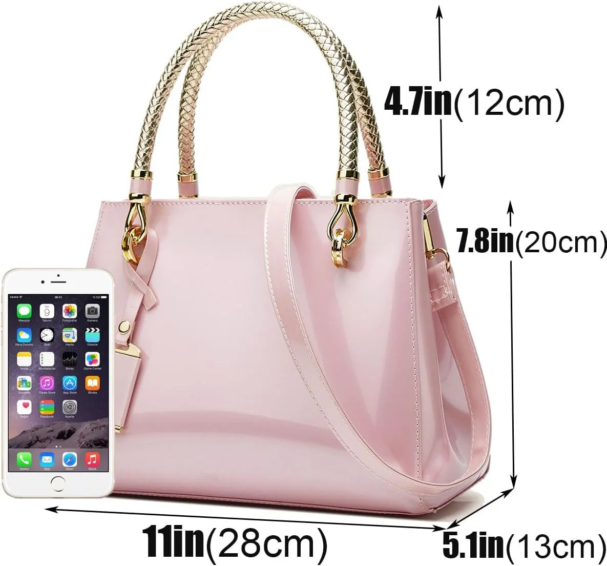 Glossy Women Handbag Shiny Patent Leather Top-Handle Bag Medium Shoulder Bag Tote Evening Purse Party Satchel