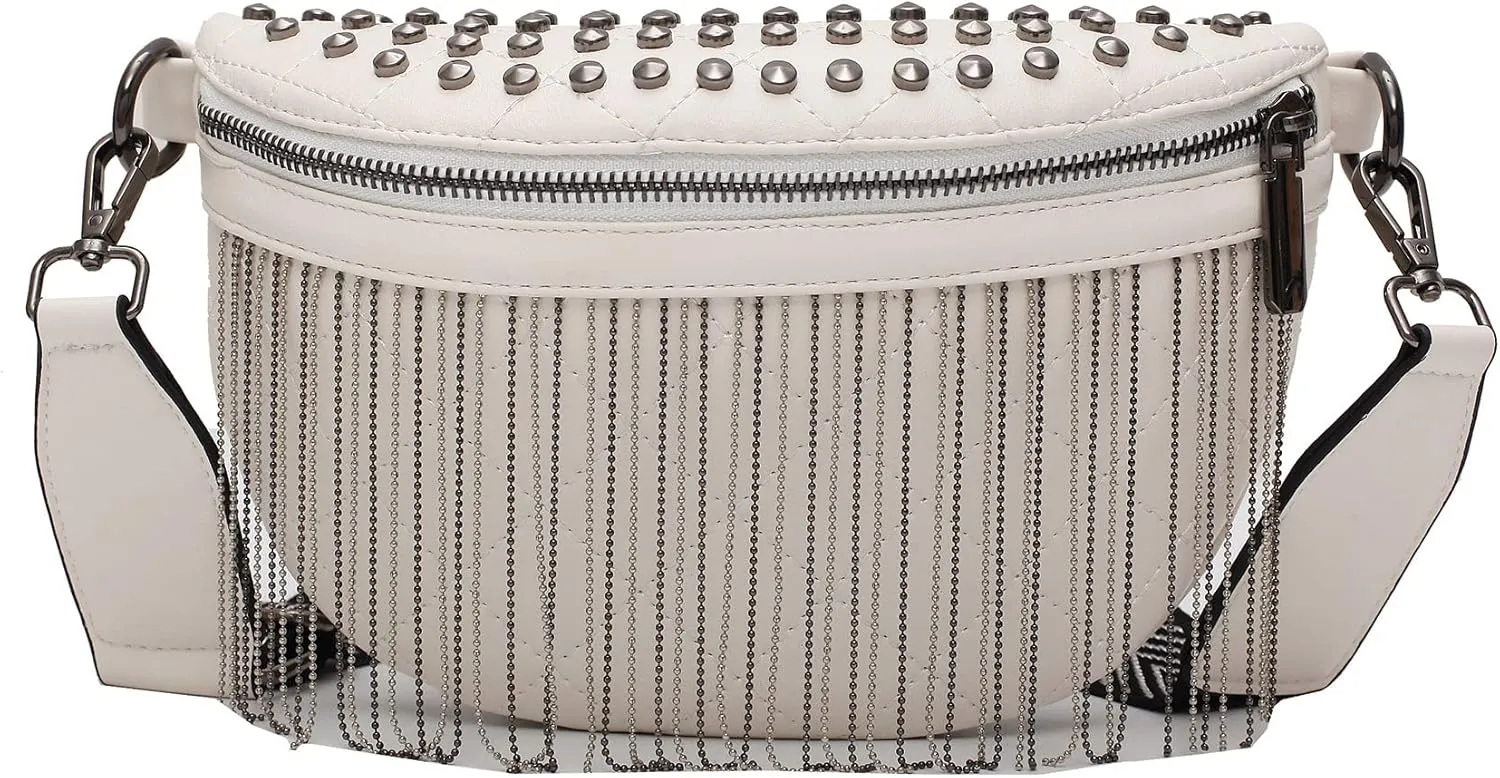 GLT.ETL Fanny Pack Chest Bag For Women Faux leather Fringe Quilted Waist Cross Body Blet Bum Bags Rivet Studded Tassel Purses (White)