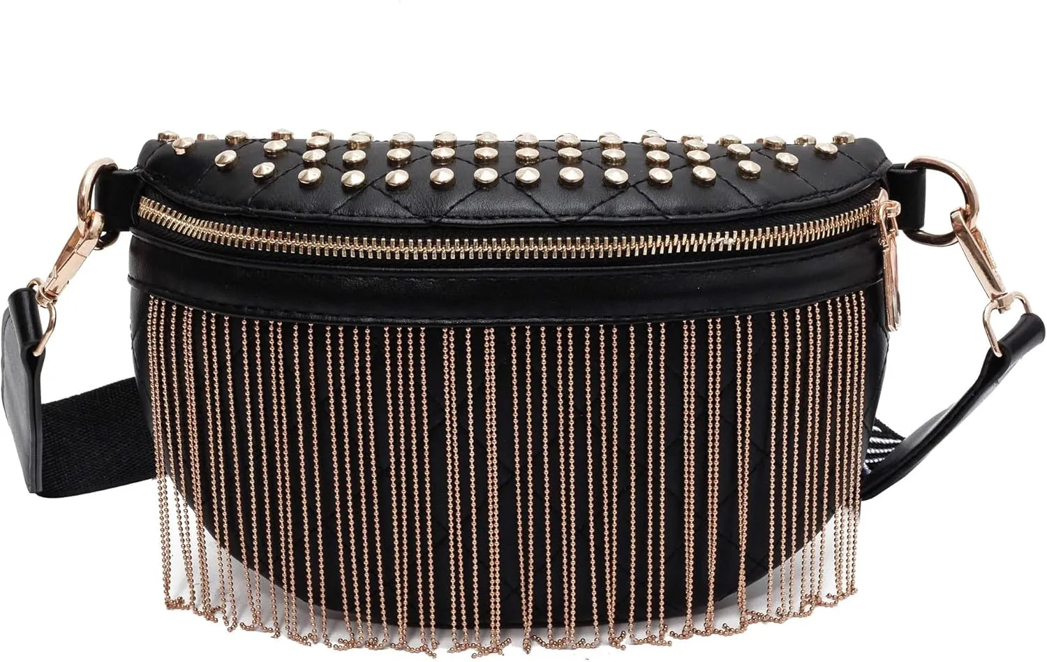 GLT.ETL Fanny Pack Chest Bag For Women Faux leather Fringe Quilted Waist Cross Body Bum Bags Rivet Studded Tassel Purses(Black Gold)