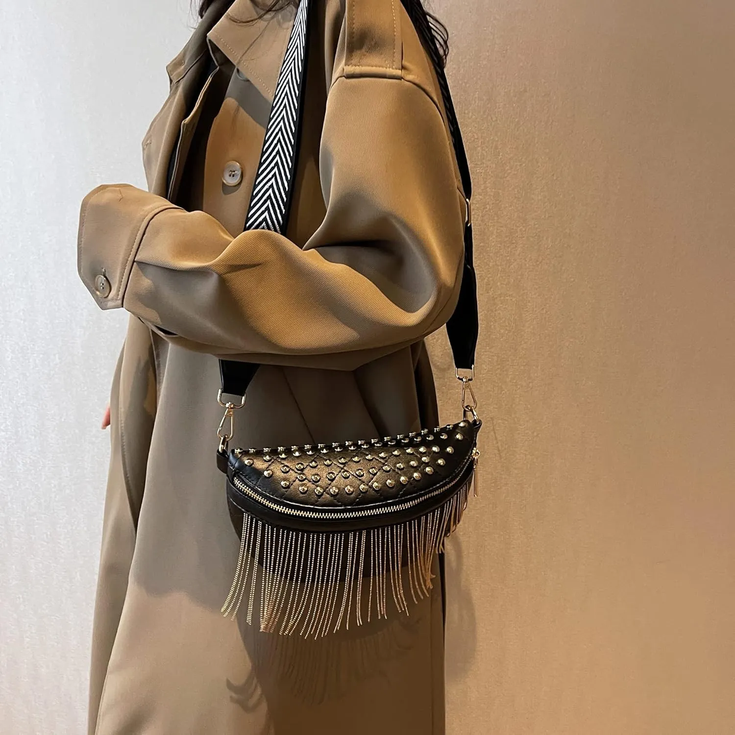 GLT.ETL Fanny Pack Chest Bag For Women Faux leather Fringe Quilted Waist Cross Body Bum Bags Rivet Studded Tassel Purses(Black Gold)