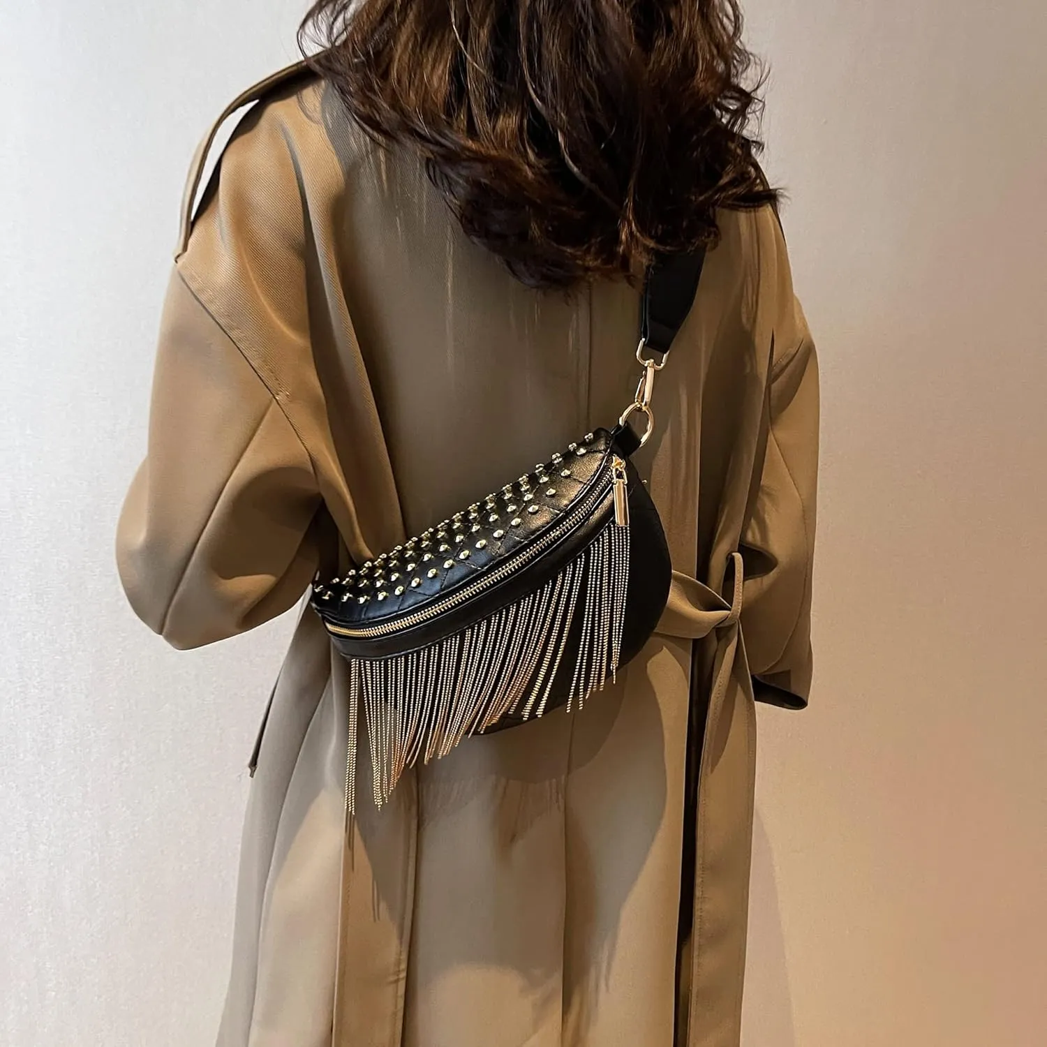 GLT.ETL Fanny Pack Chest Bag For Women Faux leather Fringe Quilted Waist Cross Body Bum Bags Rivet Studded Tassel Purses(Black Gold)
