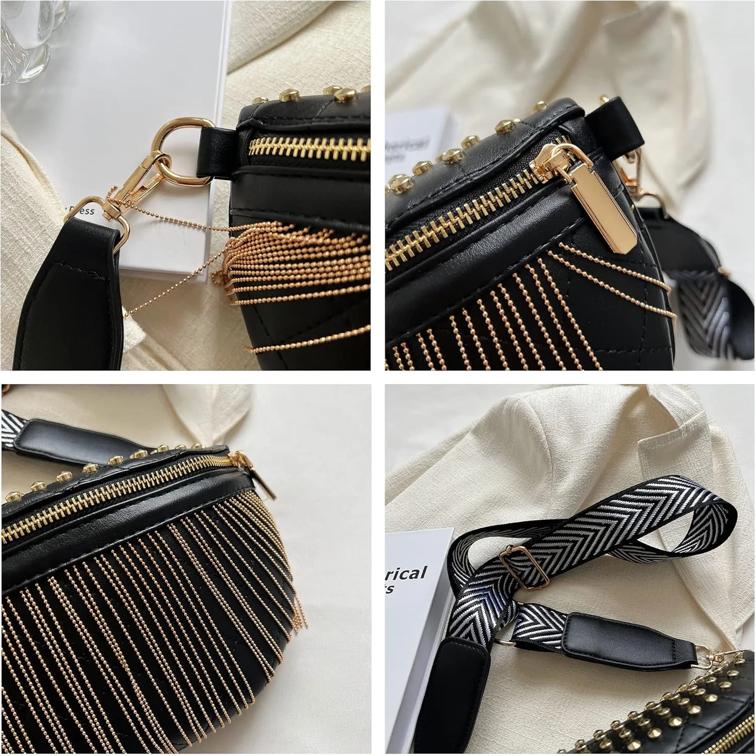 GLT.ETL Fanny Pack Chest Bag For Women Faux leather Fringe Quilted Waist Cross Body Bum Bags Rivet Studded Tassel Purses(Black Gold)