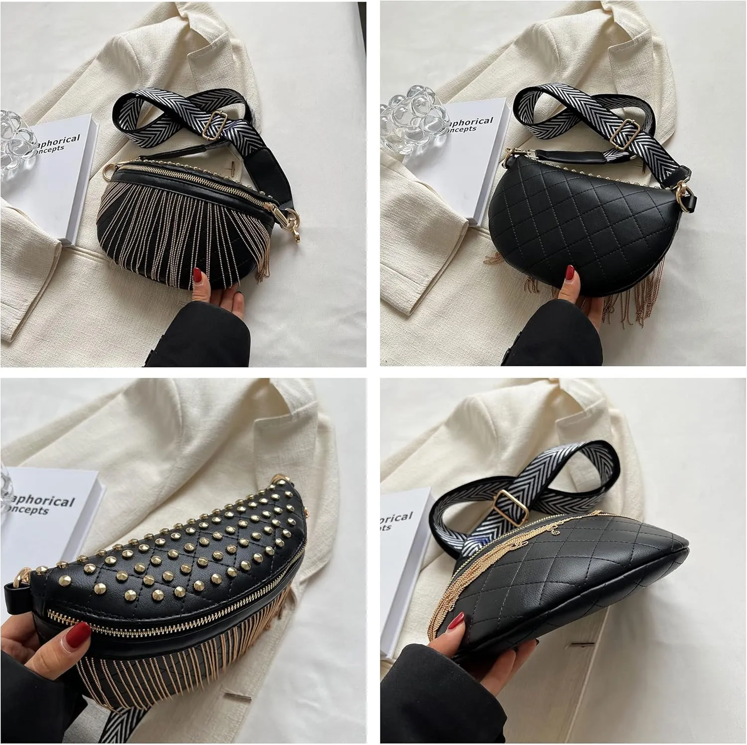 GLT.ETL Fanny Pack Chest Bag For Women Faux leather Fringe Quilted Waist Cross Body Bum Bags Rivet Studded Tassel Purses(Black Gold)