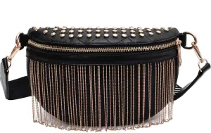 GLT.ETL Fanny Pack Chest Bag For Women Faux leather Fringe Quilted Waist Cross Body Bum Bags Rivet Studded Tassel Purses(Black Gold)