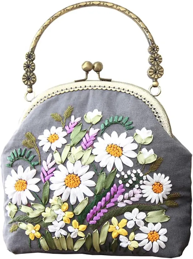 Gogobear Handmade DIY Embroidery Coin Purse Kits with All Supplies for Beginners Adults Easy Embroidery Handbag Crossbody (Grey 02Blossom, 8.3X6.5X1.6 in)