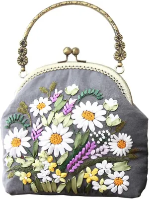 Gogobear Handmade DIY Embroidery Coin Purse Kits with All Supplies for Beginners Adults Easy Embroidery Handbag Crossbody (Grey 02Blossom, 8.3X6.5X1.6 in)