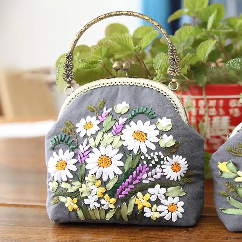 Gogobear Handmade DIY Embroidery Coin Purse Kits with All Supplies for Beginners Adults Easy Embroidery Handbag Crossbody (Grey 02Blossom, 8.3X6.5X1.6 in)