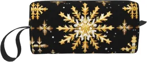 Golden Christmas Snowflake print Travel Cosmetic Bag Gifts for Women Portable Make Up Bags for Women Mother Sister