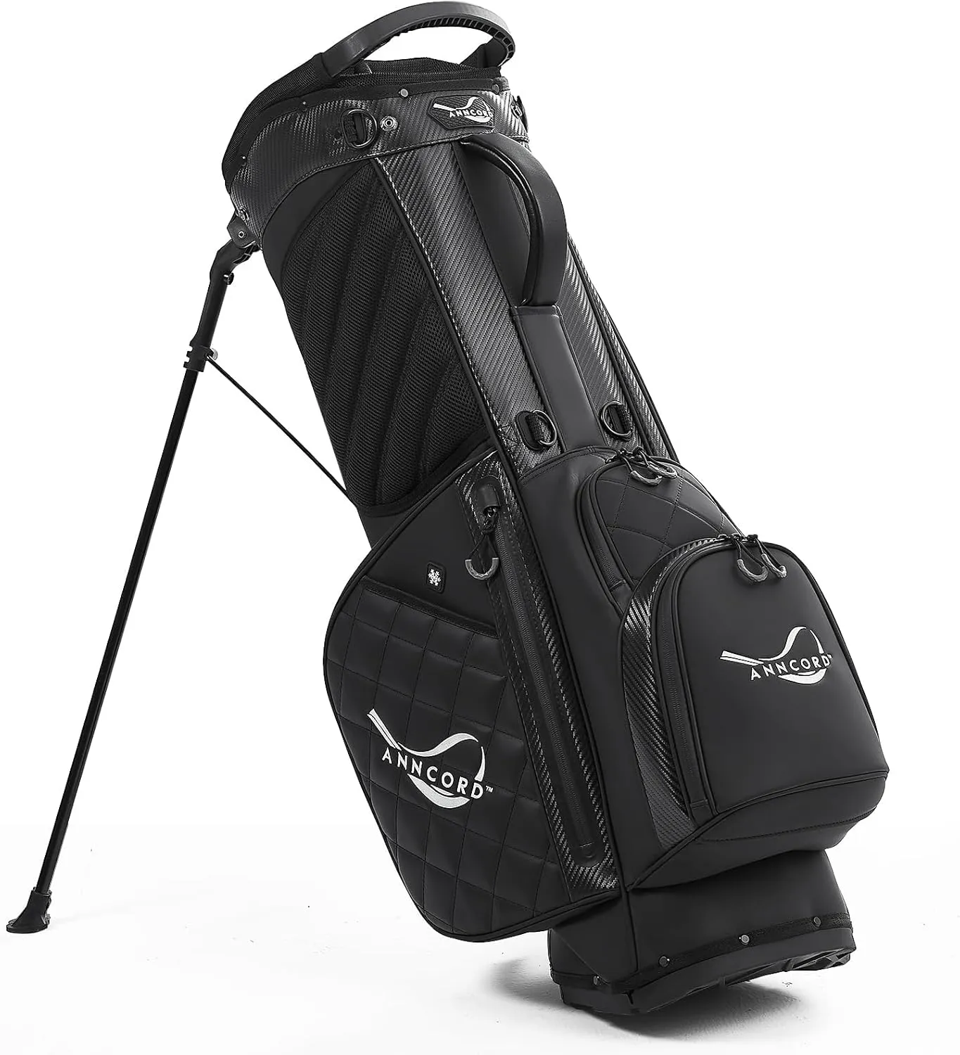 Golf Stand Bag with 14 Way Full Length Dividers, PU Leather Golf Bag for Men, Waterproof Golf Bags with Stand, 6 Pockets & Cooler Pouch, Adjustable Dual Straps, 2 Rain Cover Hood