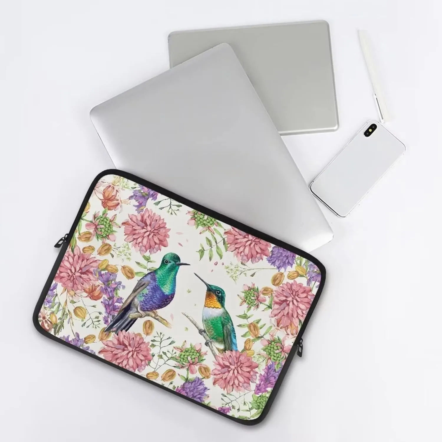 Gomyblomy Hummingbirds & Flowers Women's Durable Shockproof Computer Bag, Portable Dustproof Briefcase, Lightweight Laptop Protective Pouch for 15 Inch Computers