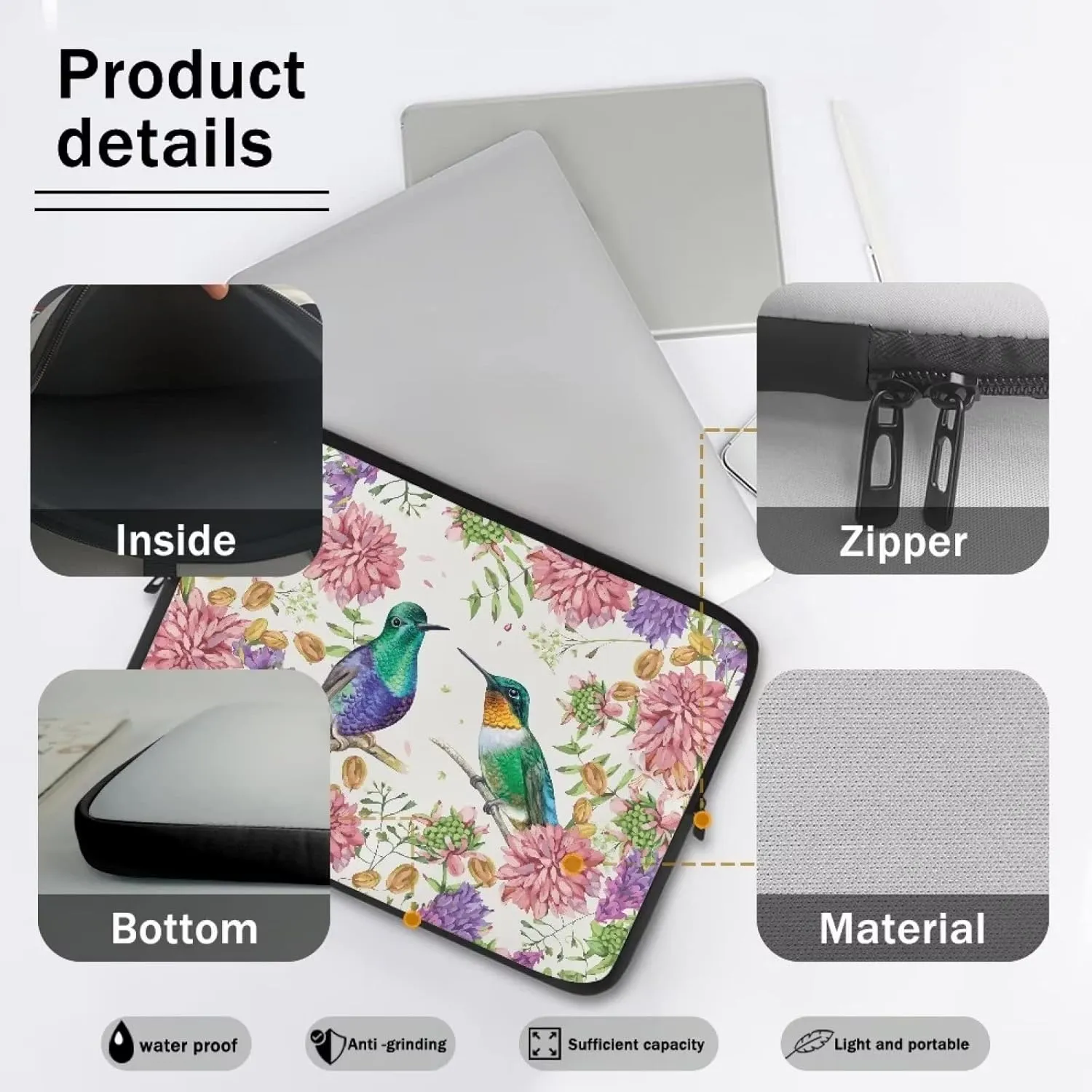 Gomyblomy Hummingbirds & Flowers Women's Durable Shockproof Computer Bag, Portable Dustproof Briefcase, Lightweight Laptop Protective Pouch for 15 Inch Computers