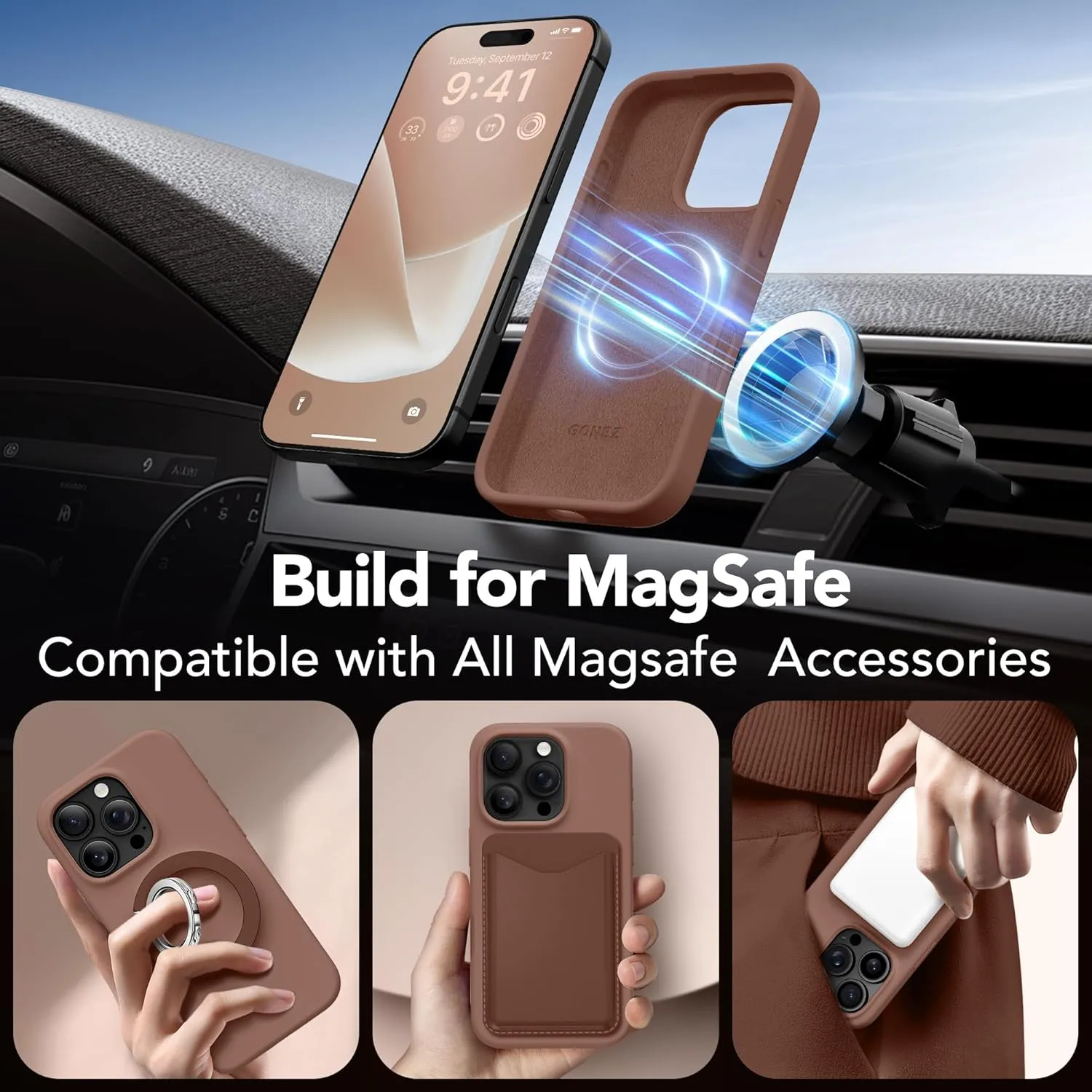 GONEZ Magnetic for iPhone 16 Pro Max Case, Compatible with MagSafe, Liquid Silicone Case, with Screen Protector   Camera Protector, Full Body Protective Shockproof Phone Cover 6.9", Brown