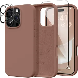 GONEZ Magnetic for iPhone 16 Pro Max Case, Compatible with MagSafe, Liquid Silicone Case, with Screen Protector   Camera Protector, Full Body Protective Shockproof Phone Cover 6.9", Brown