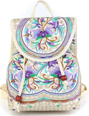 Goodhan Vintage Embroidered Women Backpack Ethnic Travel Handbag Shoulder Bag Beige
