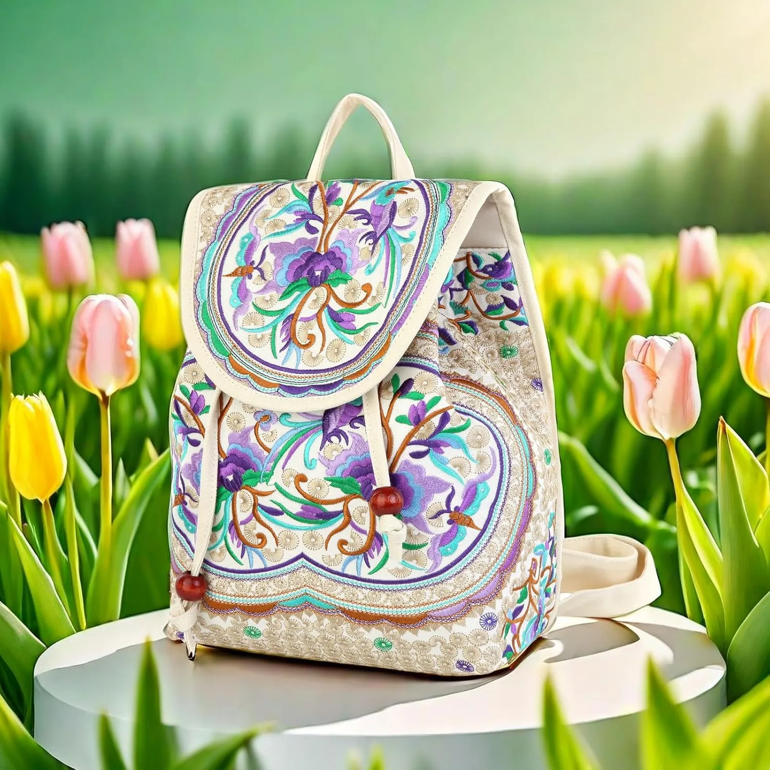 Goodhan Vintage Embroidered Women Backpack Ethnic Travel Handbag Shoulder Bag Beige