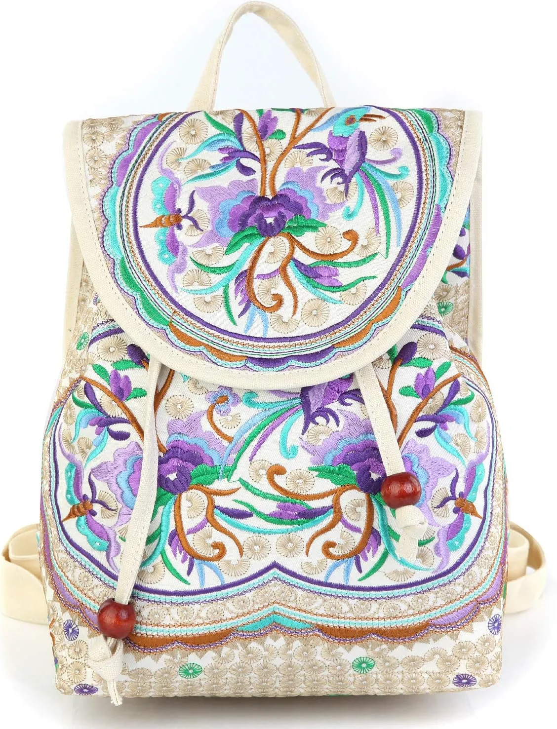 Goodhan Vintage Embroidered Women Backpack Ethnic Travel Handbag Shoulder Bag Beige