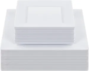 Goodluck 60 Pack Disposable Square Plastic Plates - Heavy Duty Dinner (9.5") & Dessert (6.5") Plates - Fancy for Wedding, Holiday, Birthday - White
