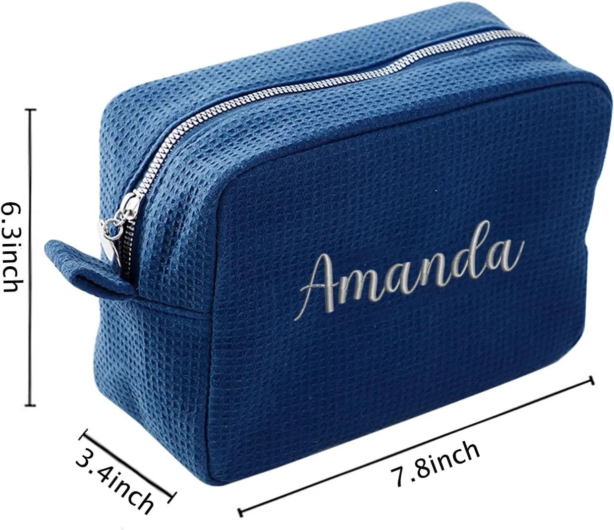GOPHIE Personalized Embroidered Makeup Bag,Custom Waffle Fabric Cosmetic Pouch for Women, Travel Makeup Pouch (1, Navy Blue)